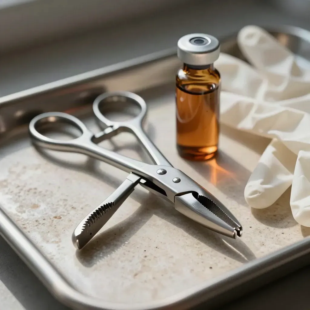 Surgical forceps, amber vial, and nitrile gloves on pale stone with cold haze.