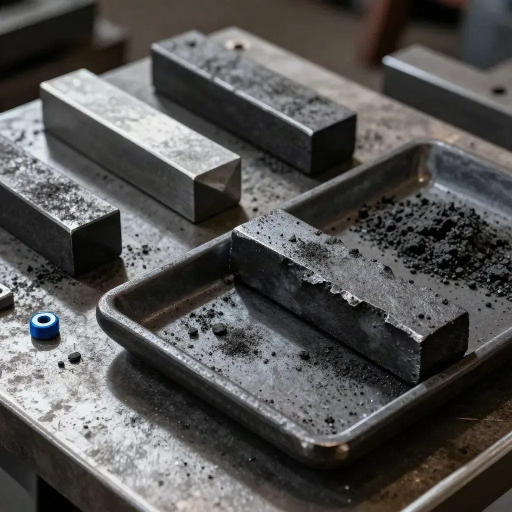 Overhead metalworks still life with cast-iron samples, steel gauge blocks, and a black ceramic tray.