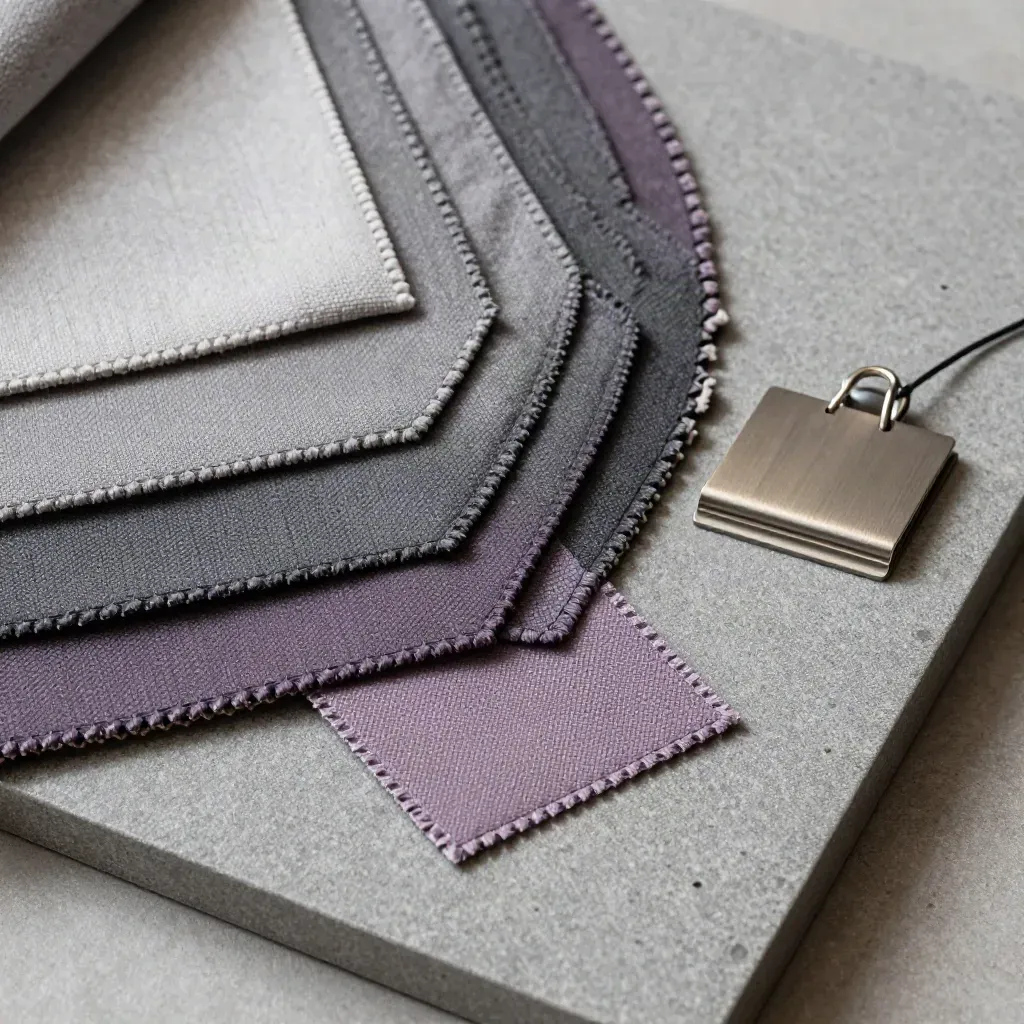 Top-down retail swatches, metal clip, and anti-theft tag on ash-grey linen stone.