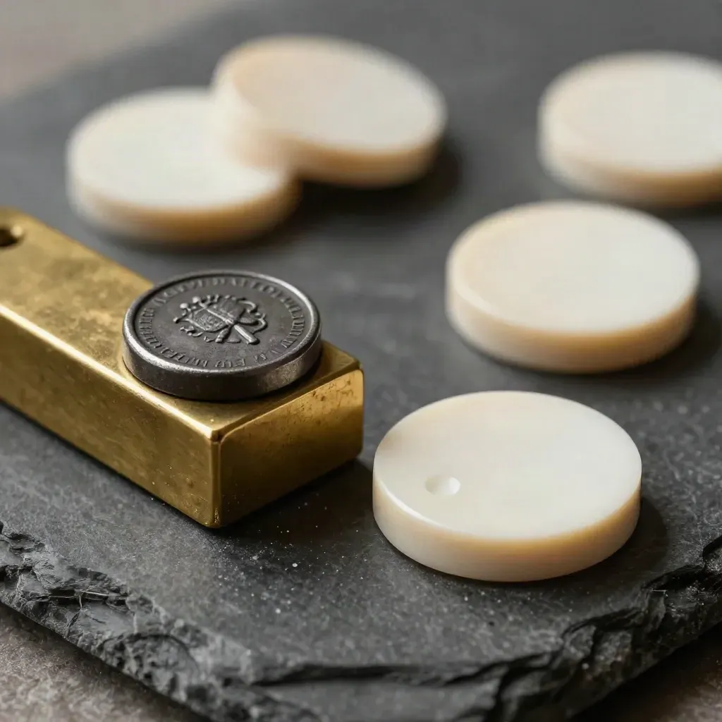 Brass paperweight, metal seal and ivory token on dark stone, macro finance still life.