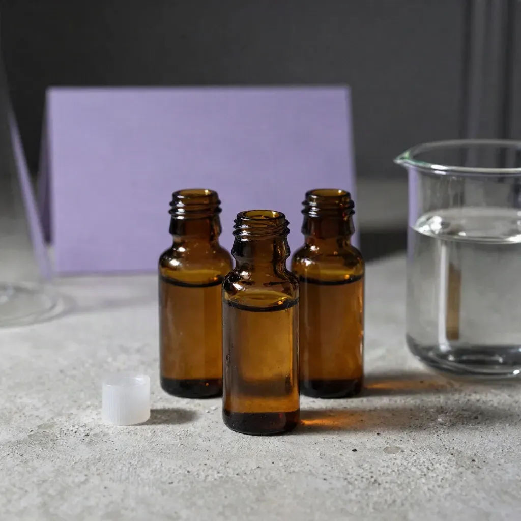 Amber vials, frosted stopper, and stainless watch glass on pale concrete with soft vapor.