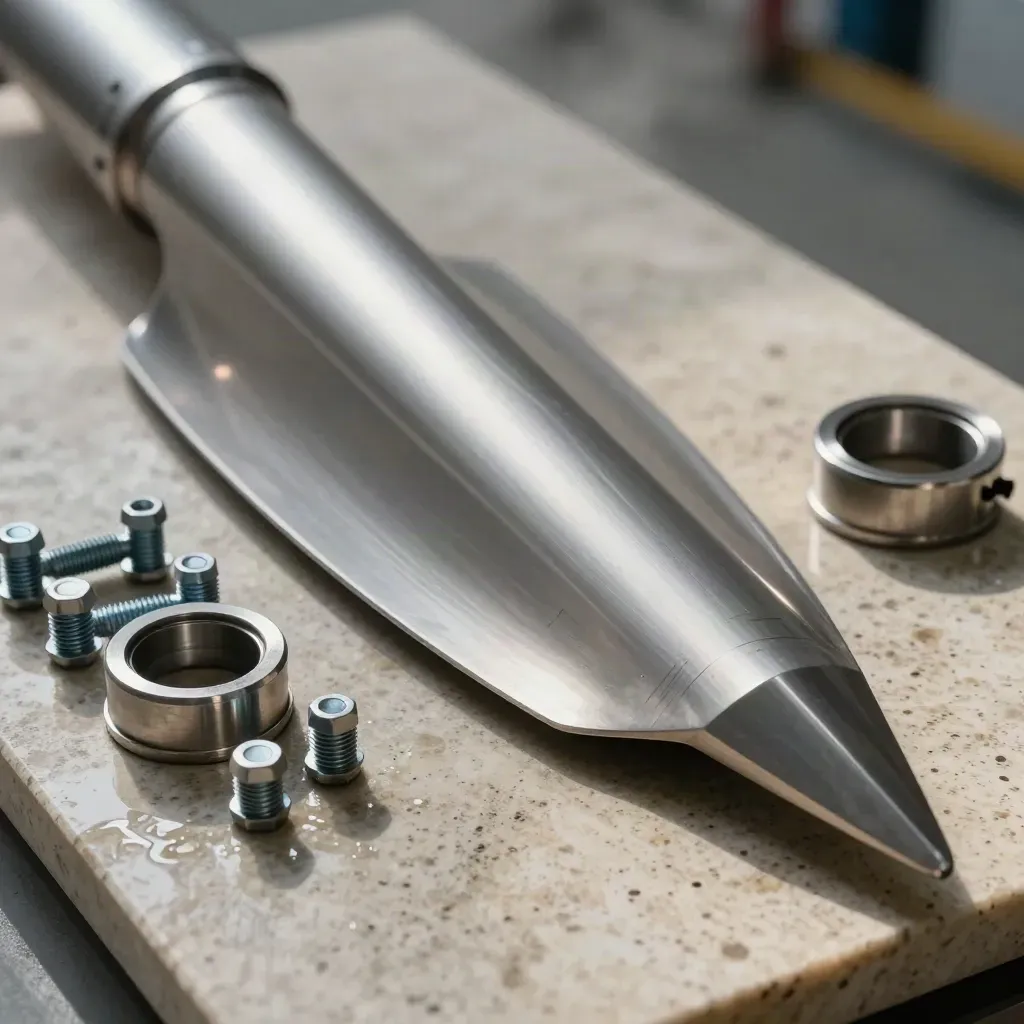 Turbine blade sample, hex bolts, and coupling ring on travertine with mist