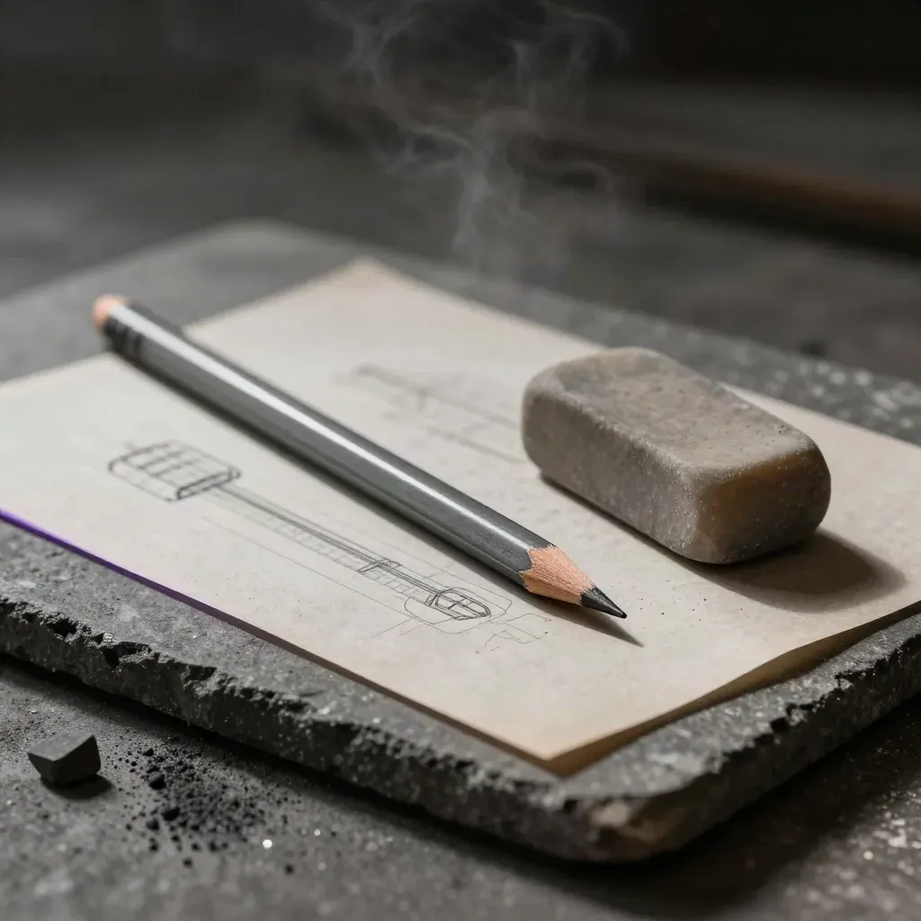 Graphite pencil, kneaded eraser and drafting stencil on a dark stone surface, lit dramatically.