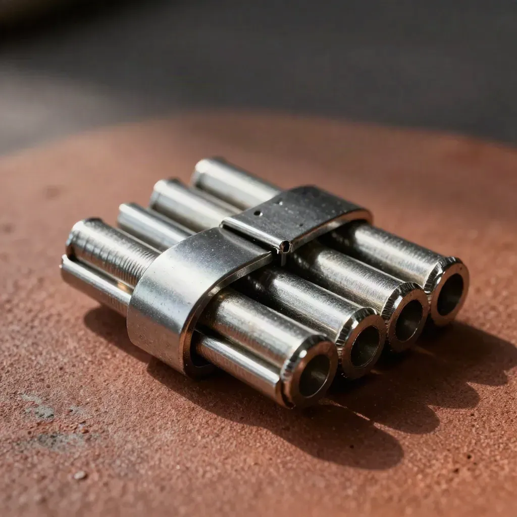 Macro of cable ferrules, relay block and snapped clips on terracotta-clay concrete