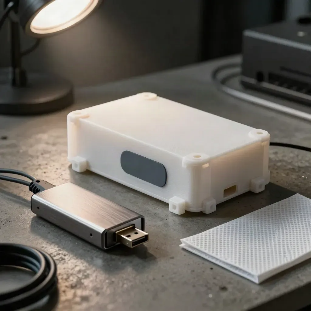 3D-printed prototype shell, NFC puck, USB hub and cable coil on a concrete bench