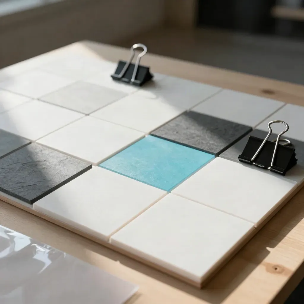 Top-down agency mockup tiles, foam board, and binder clips on pale wood.