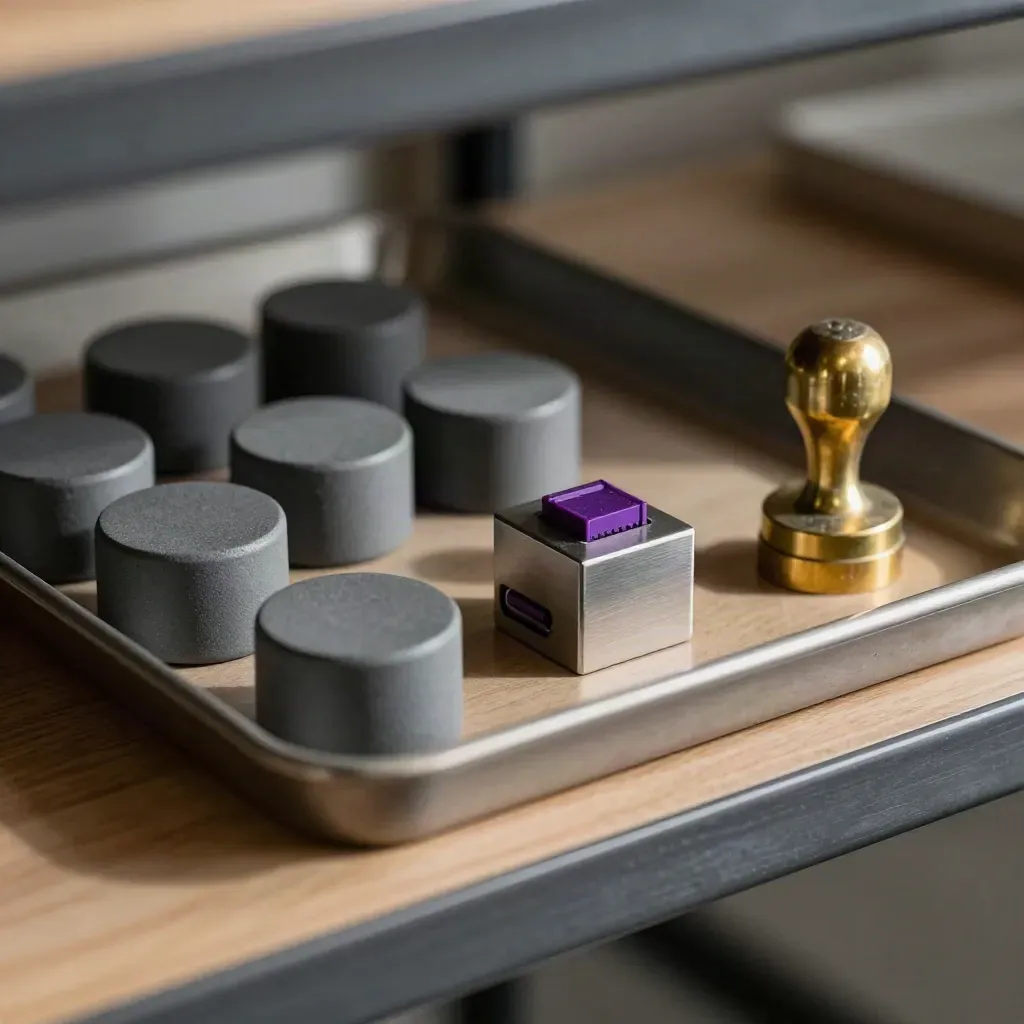 Ops tray, relay switch and brass stamp on honey oak in cool warehouse haze