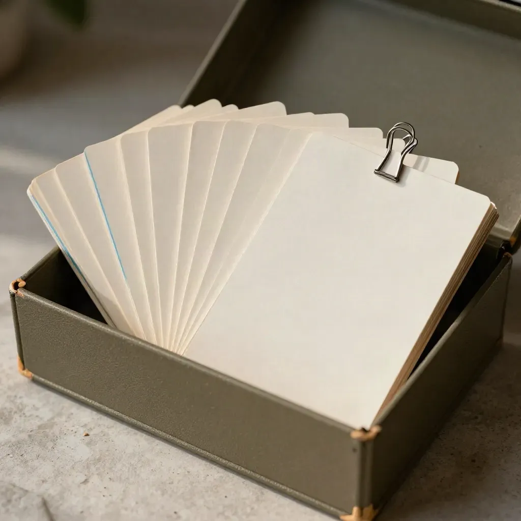 Macro still life of archive box, blank cards and metal clips on stone