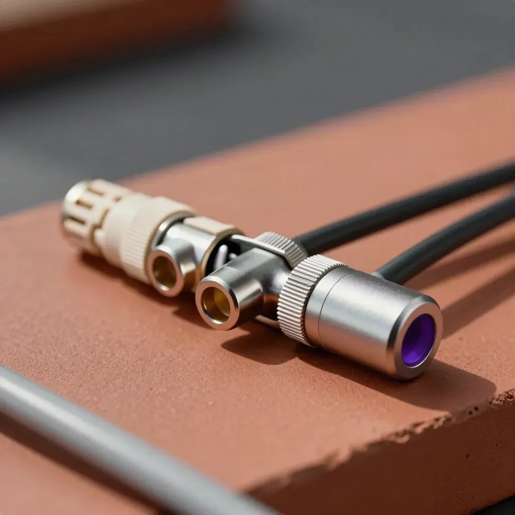 Macro of linked cable couplers and a switch module on a matte clay surface