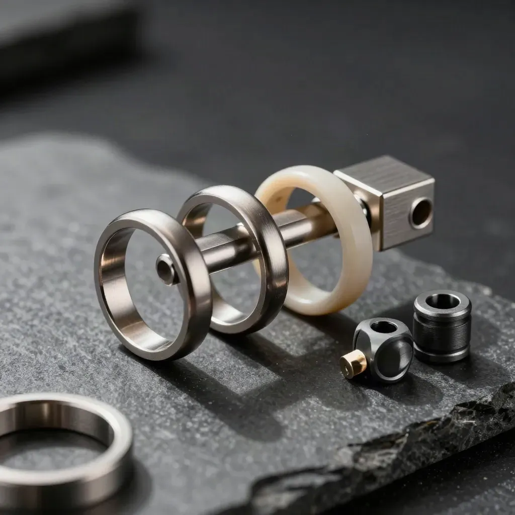 Three machined rings and a connector block on dark stone, lit dramatically.