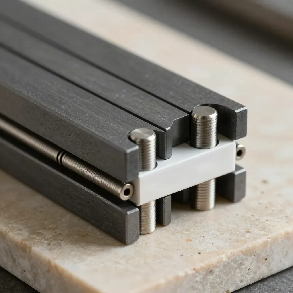 Macro of graphite modular blocks, steel dowels, and a white shim on warm stone.