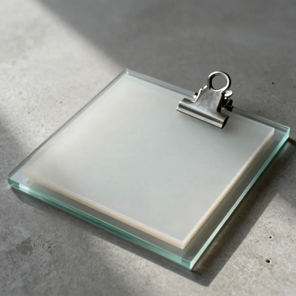 Top-down acrylic dividers, frosted tile, and metal clip on concrete.