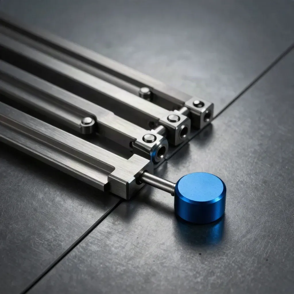 Overhead metal workflow channels, pivot joint, and task puck with blue accent